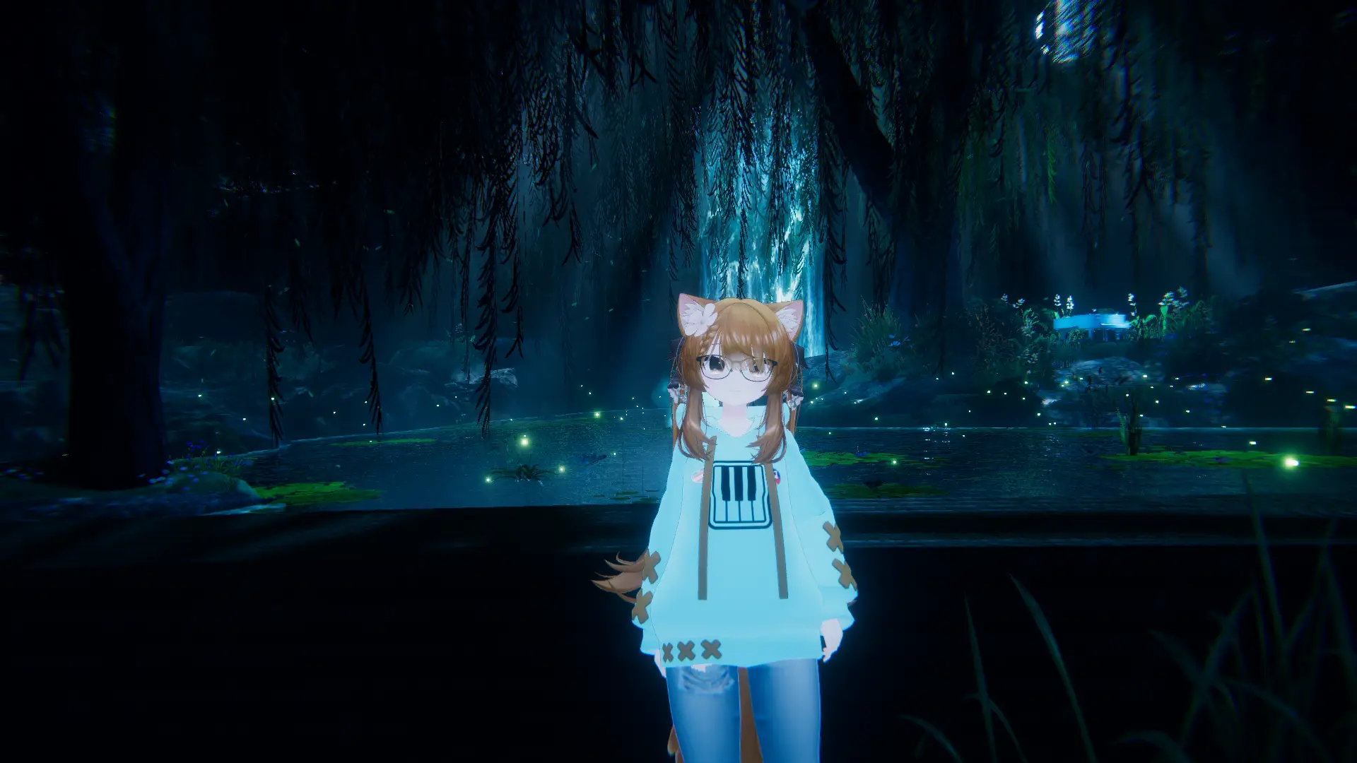 Ellie standing in front of a river in the nighttime