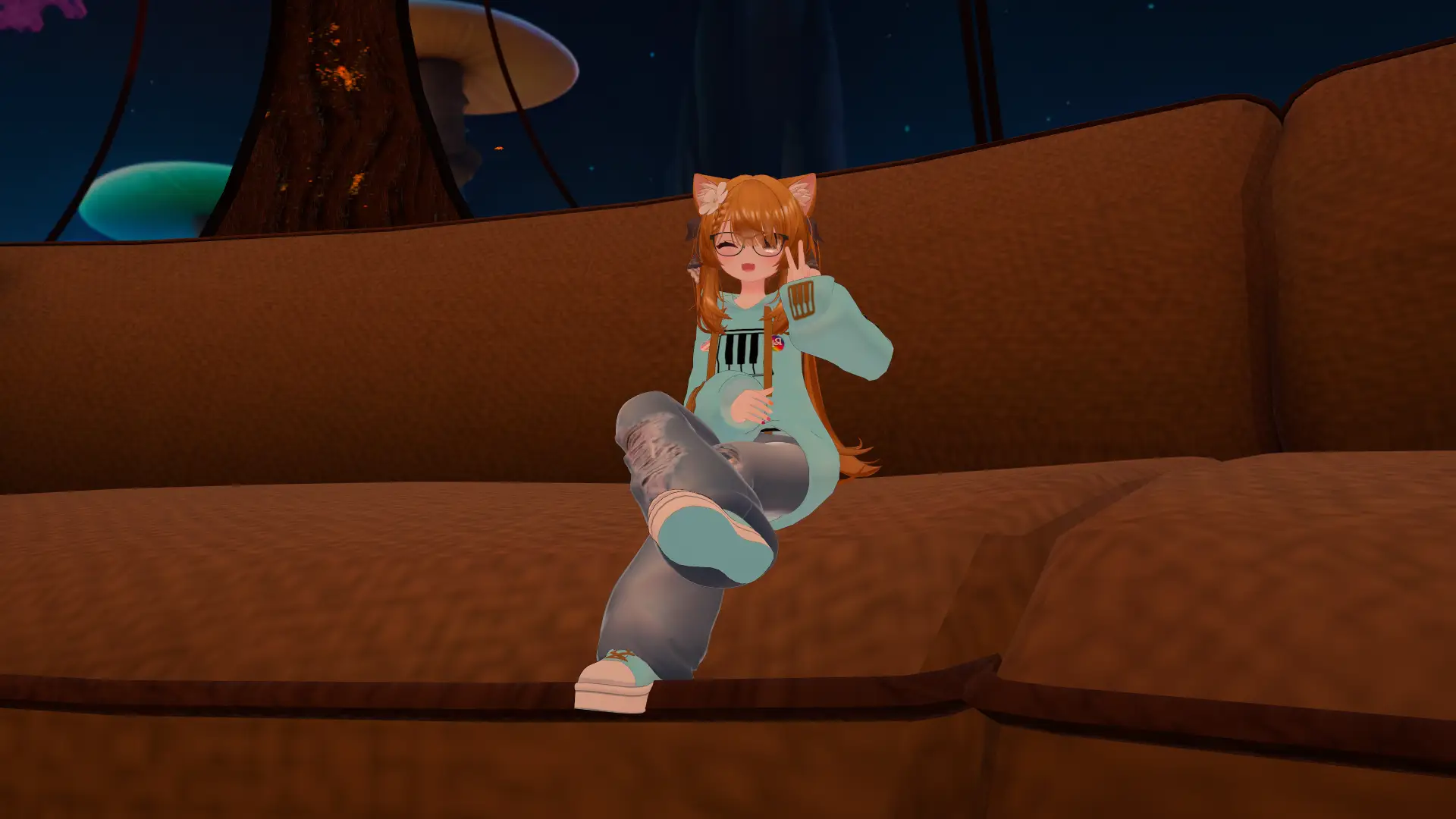 Ellie sitting on a sofa with mushrooms visible in the background